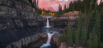 An aerial shot of Crescent Falls at sunrise.