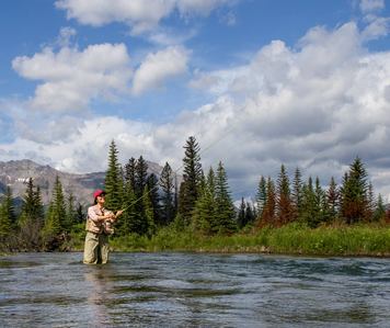 Women fly fishing with mountains behind her
