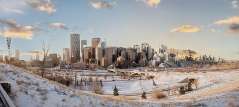 Calgary city center & Centre Street Bridge as seen from Rotary Park.