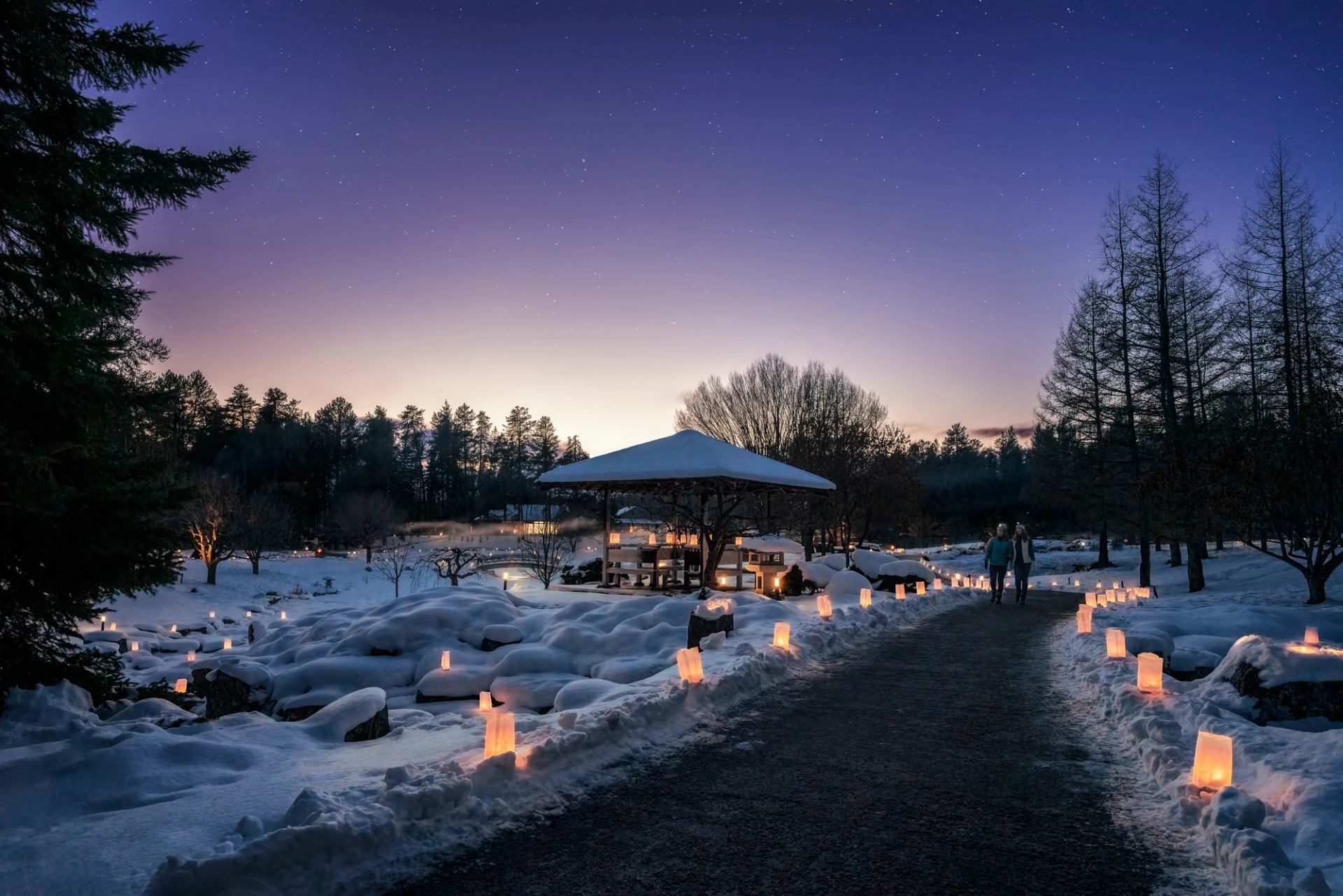 People walking along lit up pathways with snow, a pavilion and trees