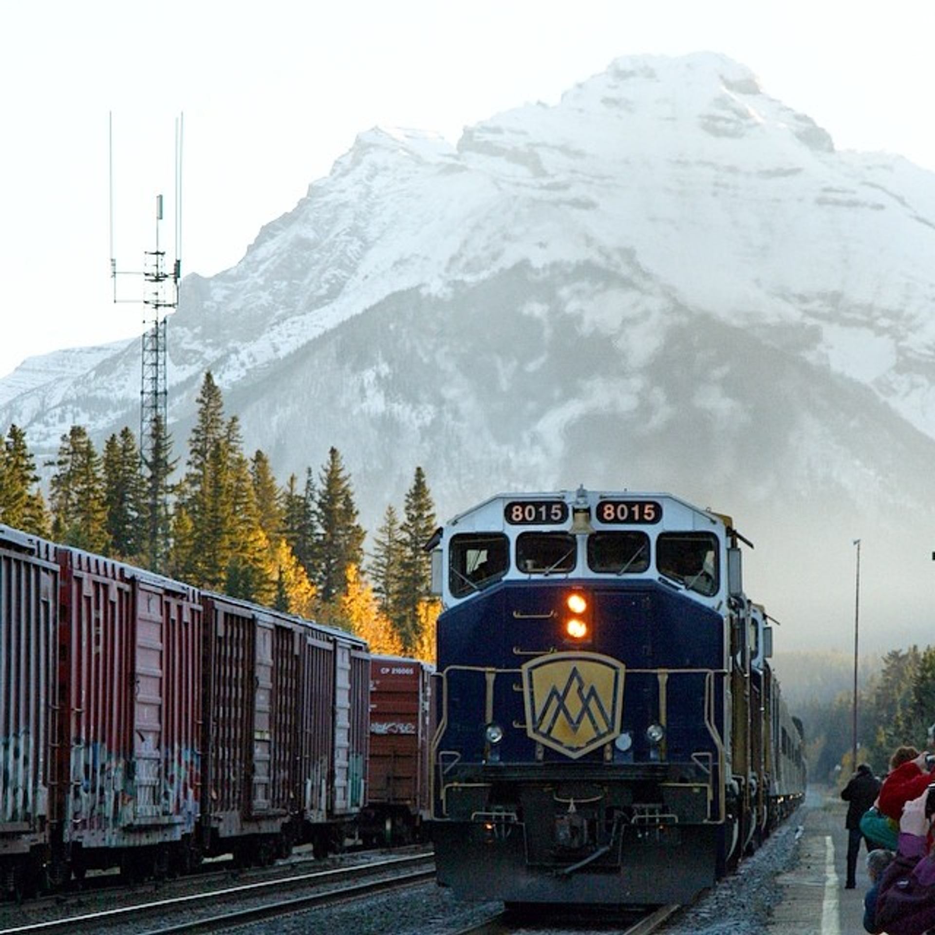 The Rocky Mountaineer train pulls into the station in Banff