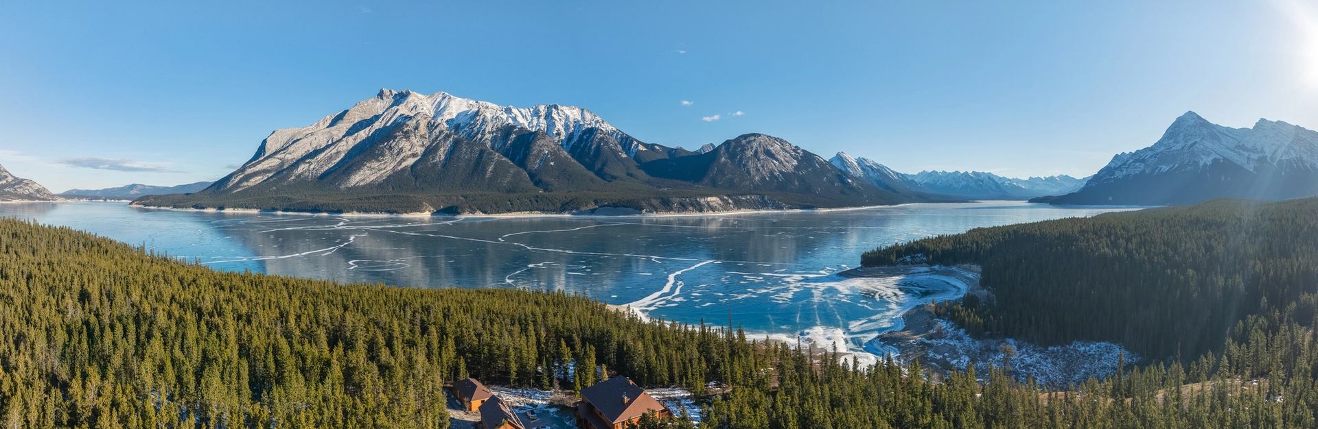 Aerial Panorama shot Aurum lodge With Abraham Lake