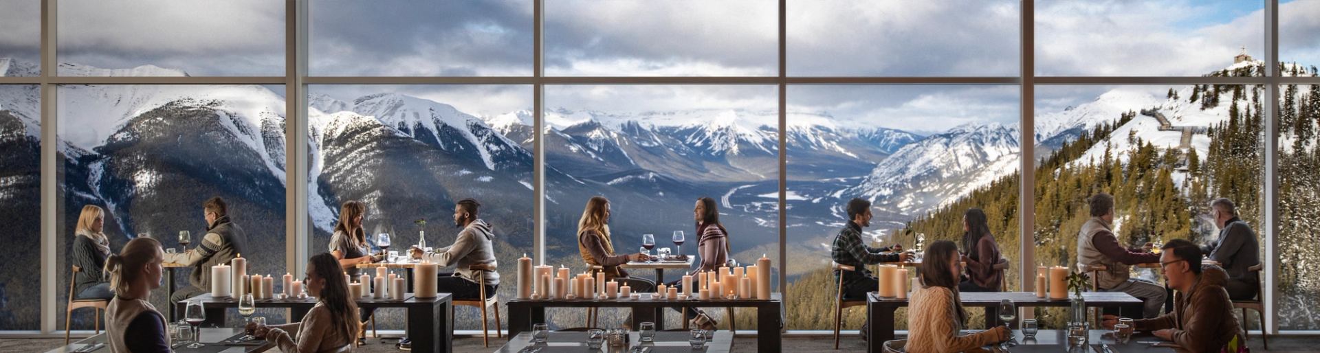  Guests dining at the Sky Bistro at the top of the Banff Gondola, admiring panoramic views of the Rockies in Banff National Park.