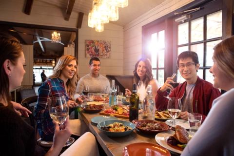 Friends having dinner at a cozy restaurant with a variety of dishes and wine at the table