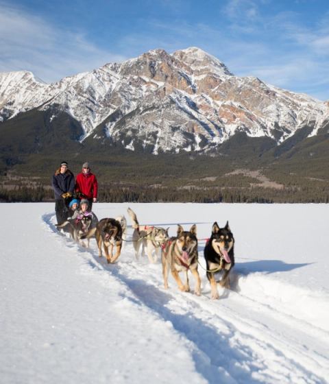 A family dog sledding on an open snow covered trail with mountains in the background.