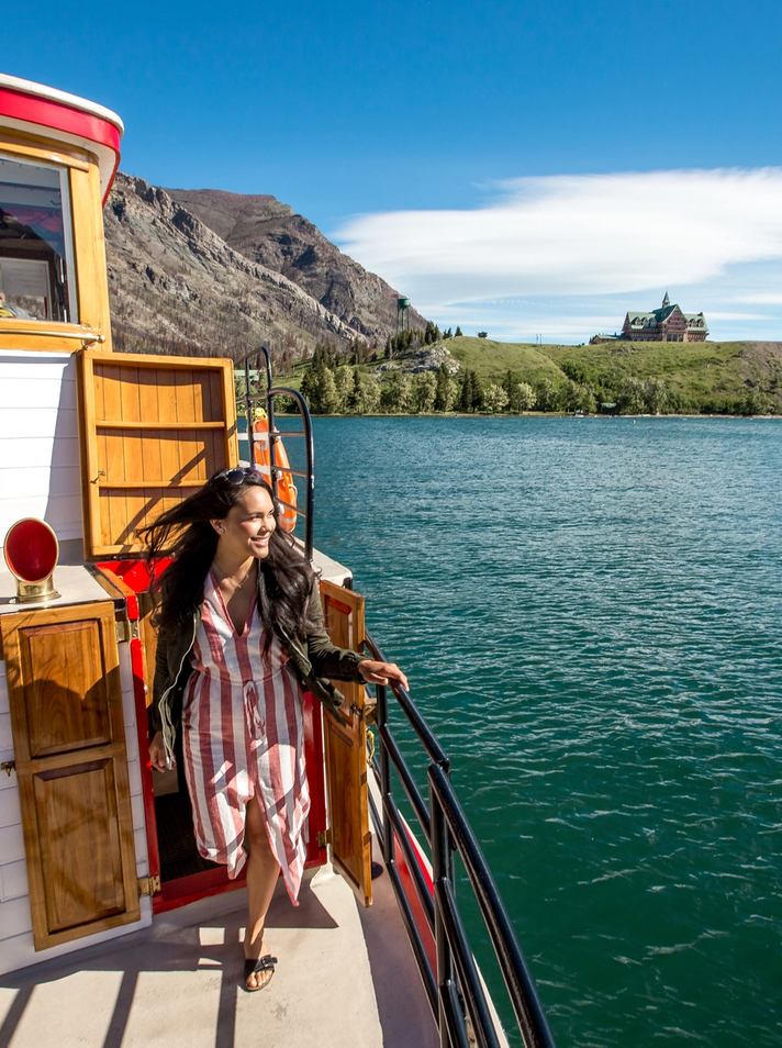 Women on the boat of a Shoreline Cruise at Waterton Lake
