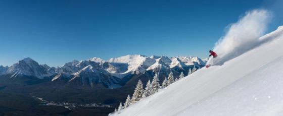 A skier rips down a slope at Lake Louise Ski Resort under a blue sky with the snow-capped Rockies in the background.