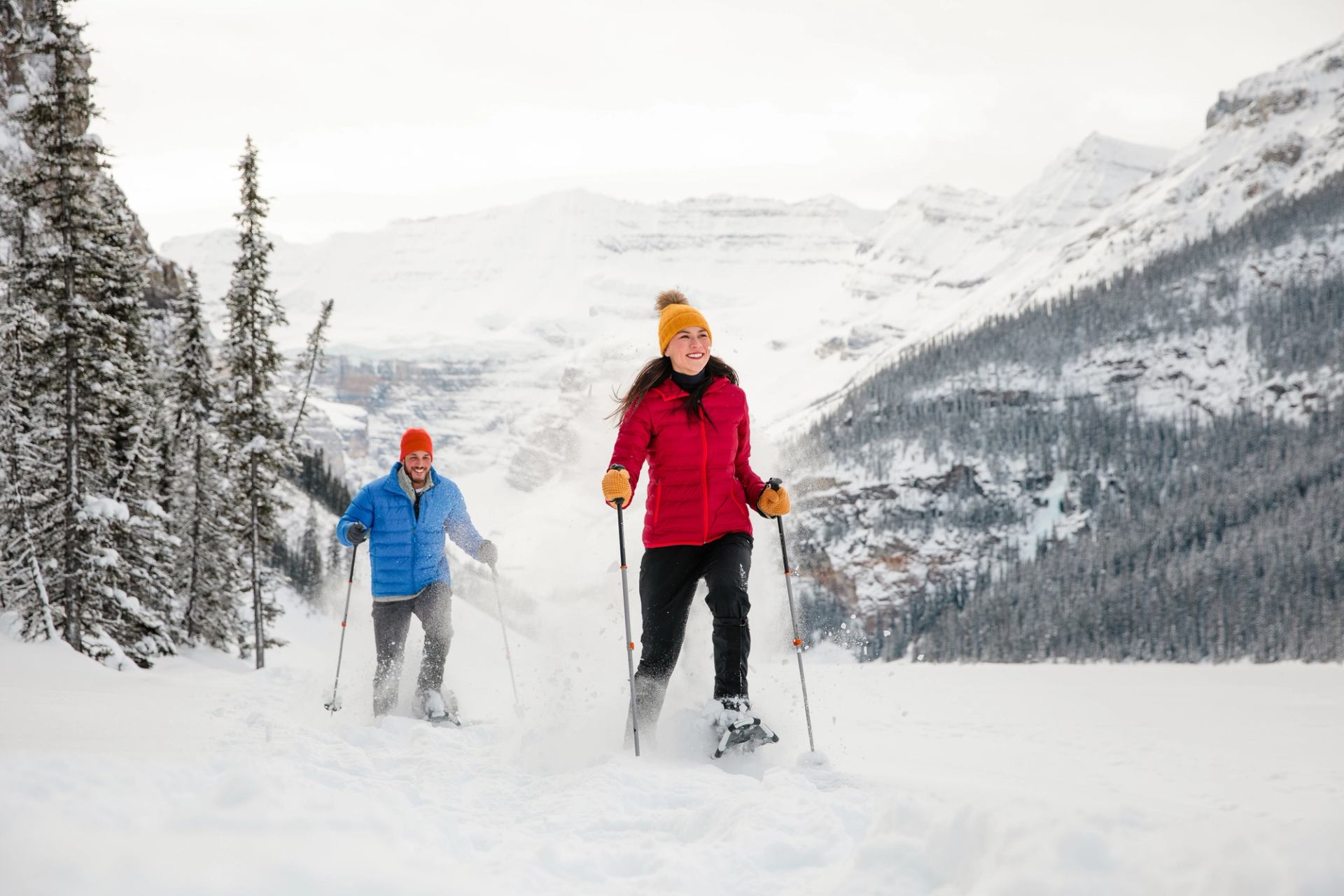 Couple snowshoeing in Banff National Park