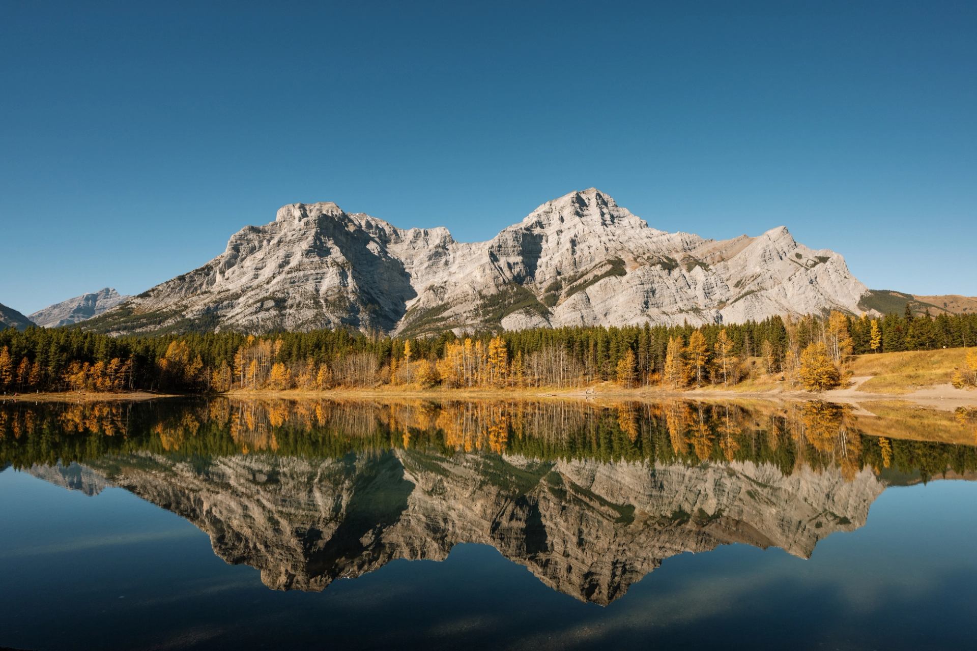 Mountains and green-gold trees are reflected in the still pond water.