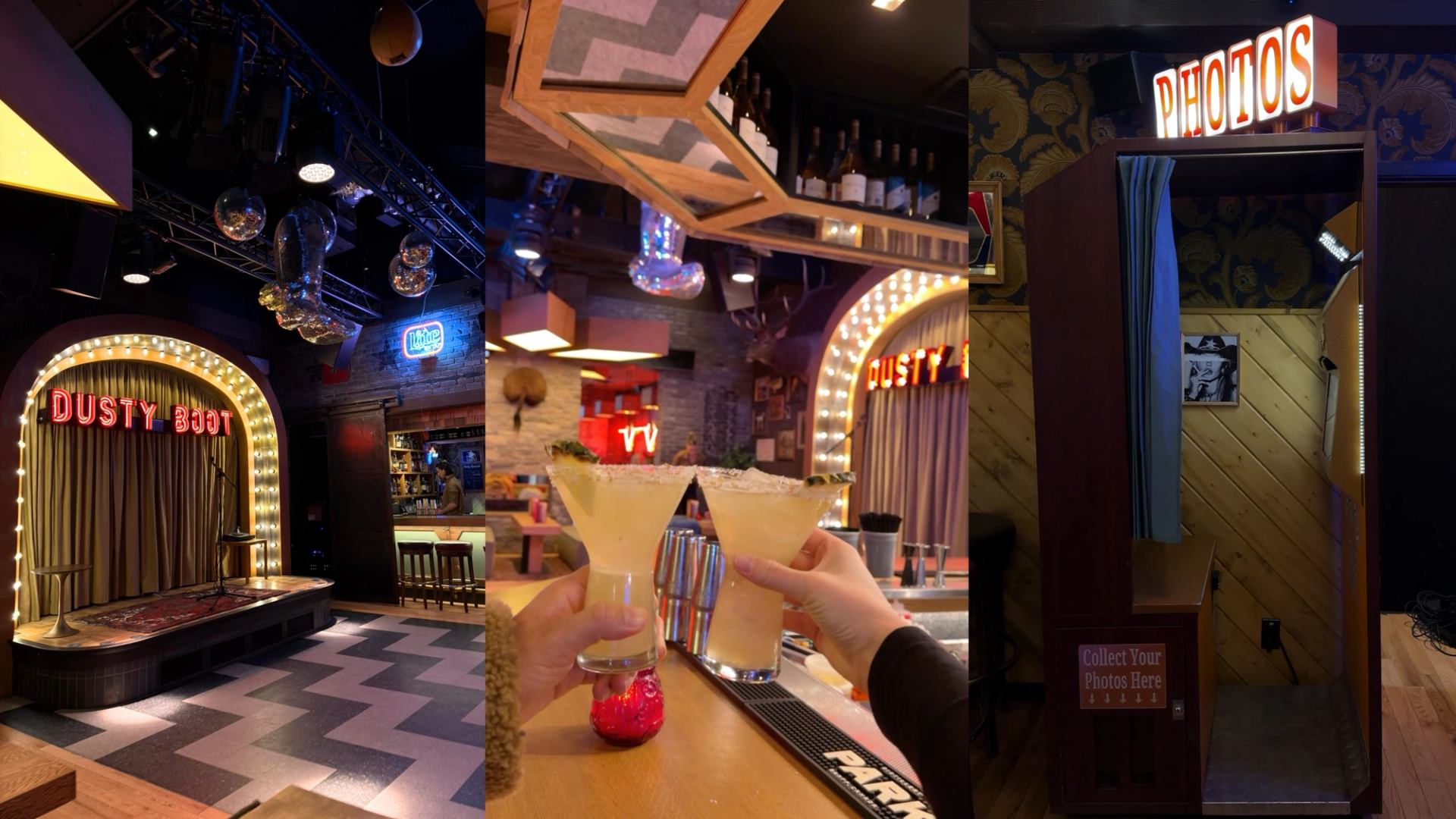 The stylish interior of a Banff bar featuring a small stage, decorative lighting, a photo booth and people cheersing.