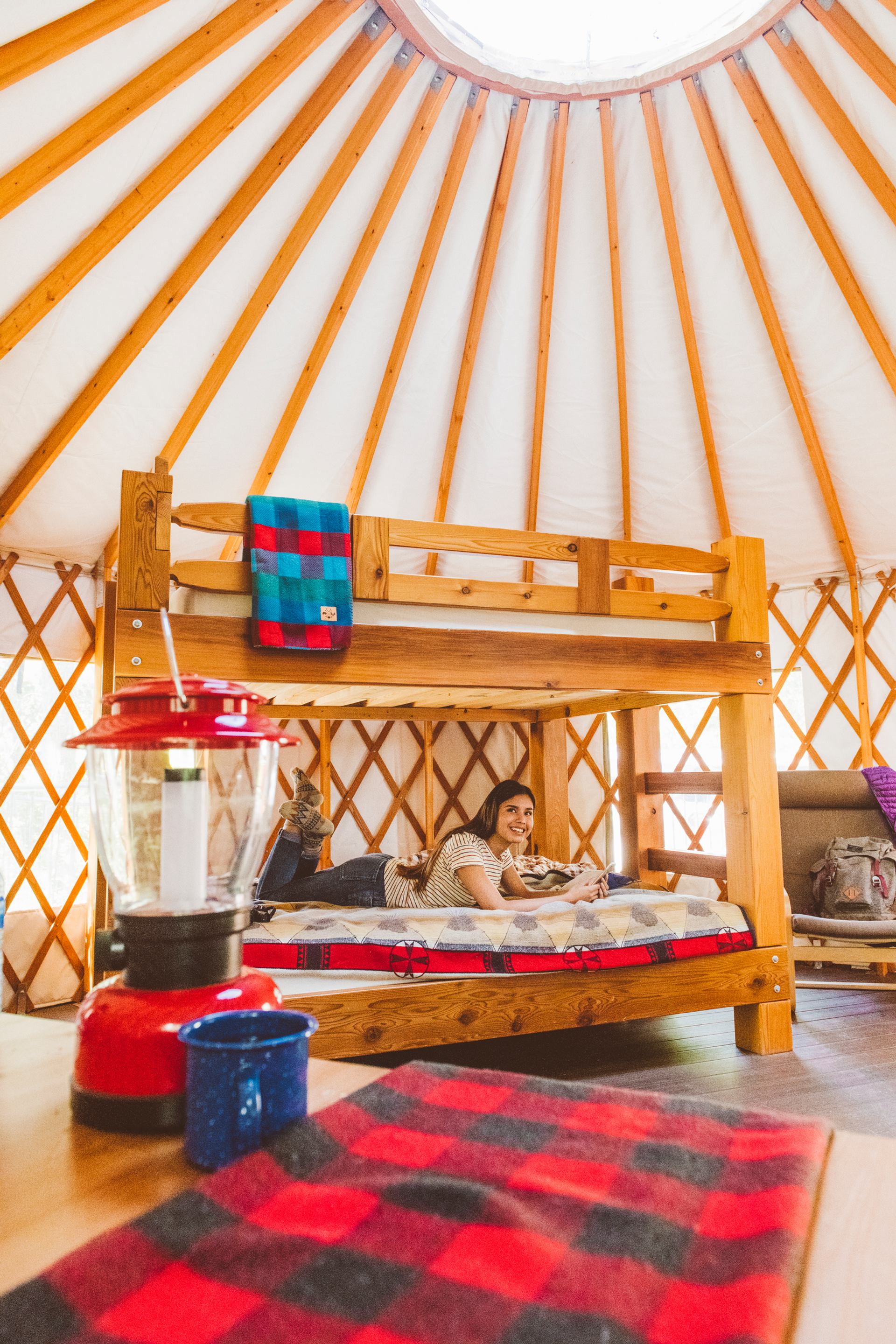 Interior of the Yurt at Pigeon Lake campground. Comfort Camping.