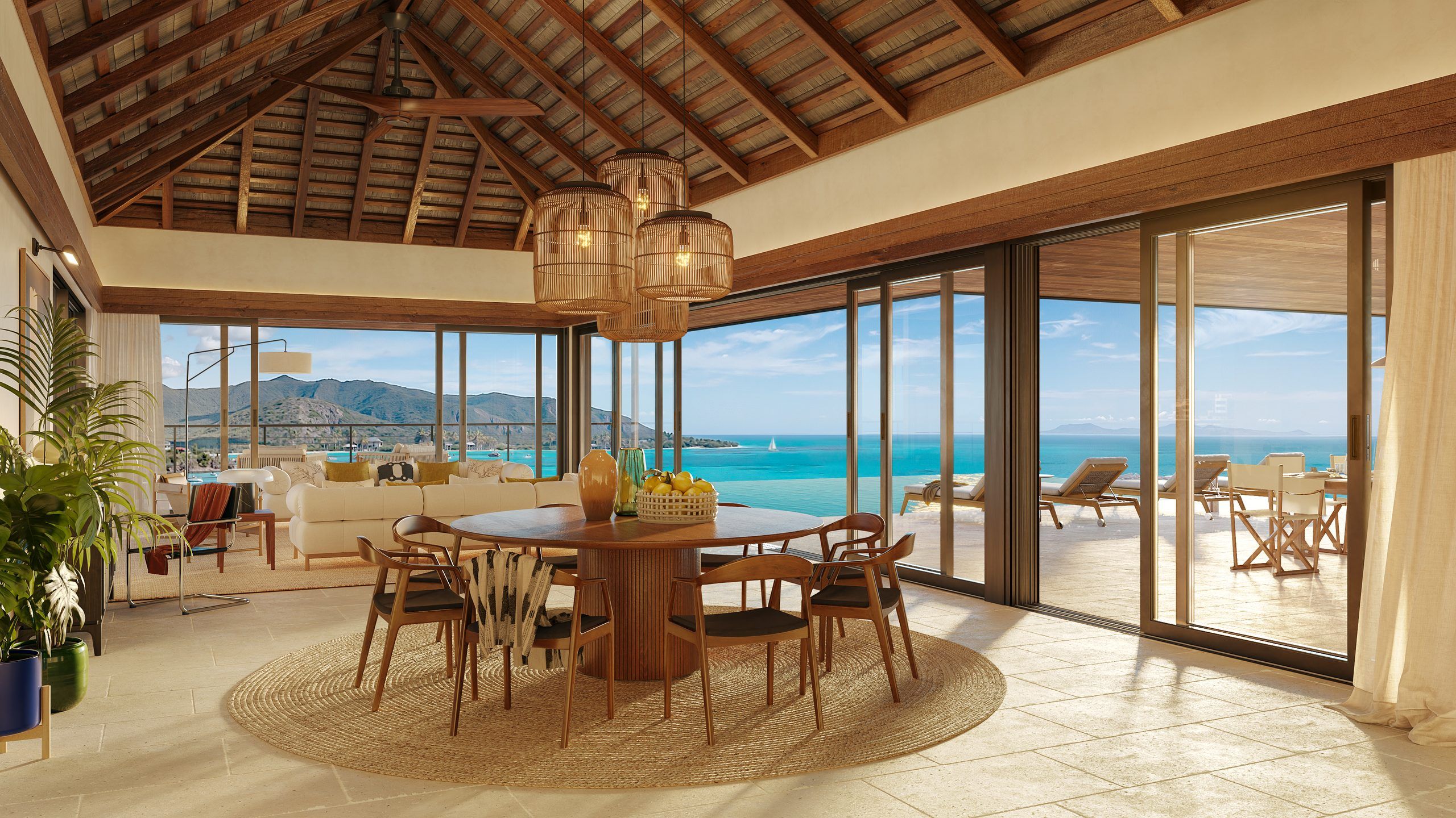 Dining beneath a vaulted timber roof, designed by Mark Cooney