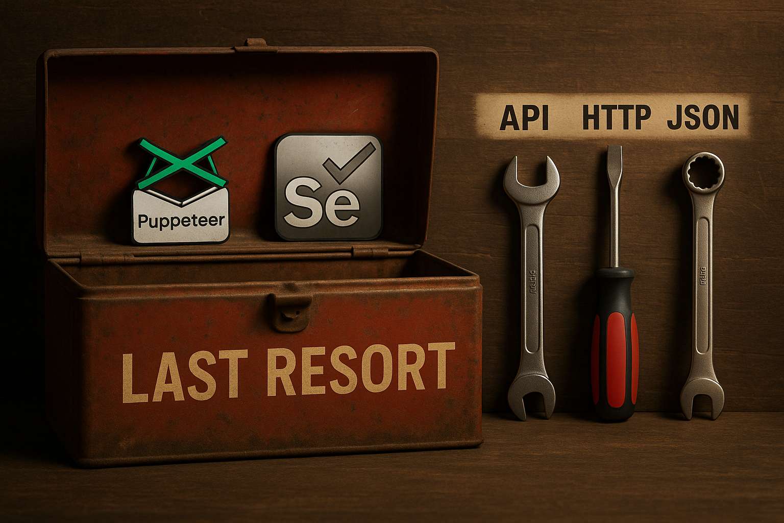 Dusty toolbox labeled Last Resort with Puppeteer and Selenium logos inside, beside clean tools labeled API, HTTP, and JSON