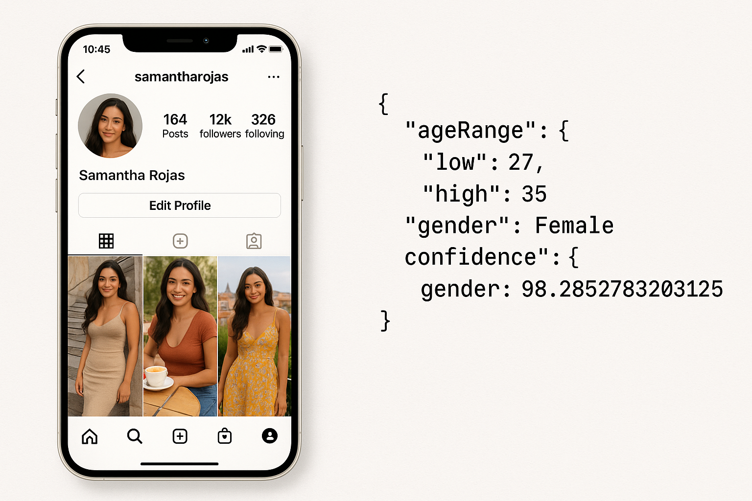 Image of Instagram profile on left and the json of their age and gender on right