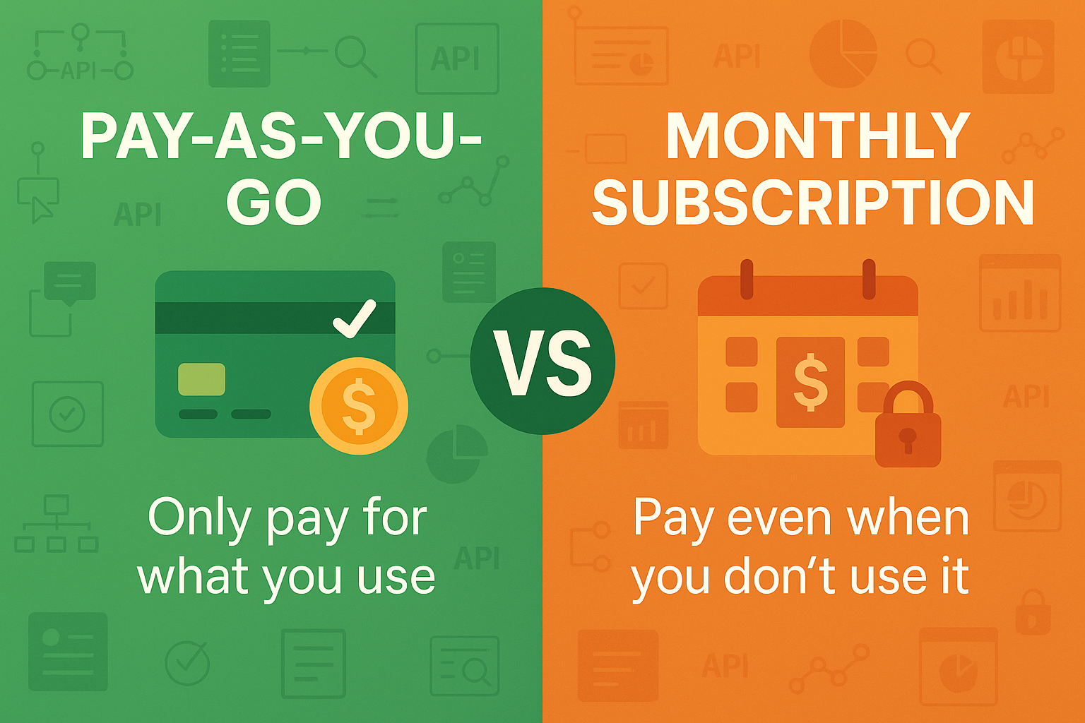 Graphic with text: pay as you go on the left, and monthly subscription on right