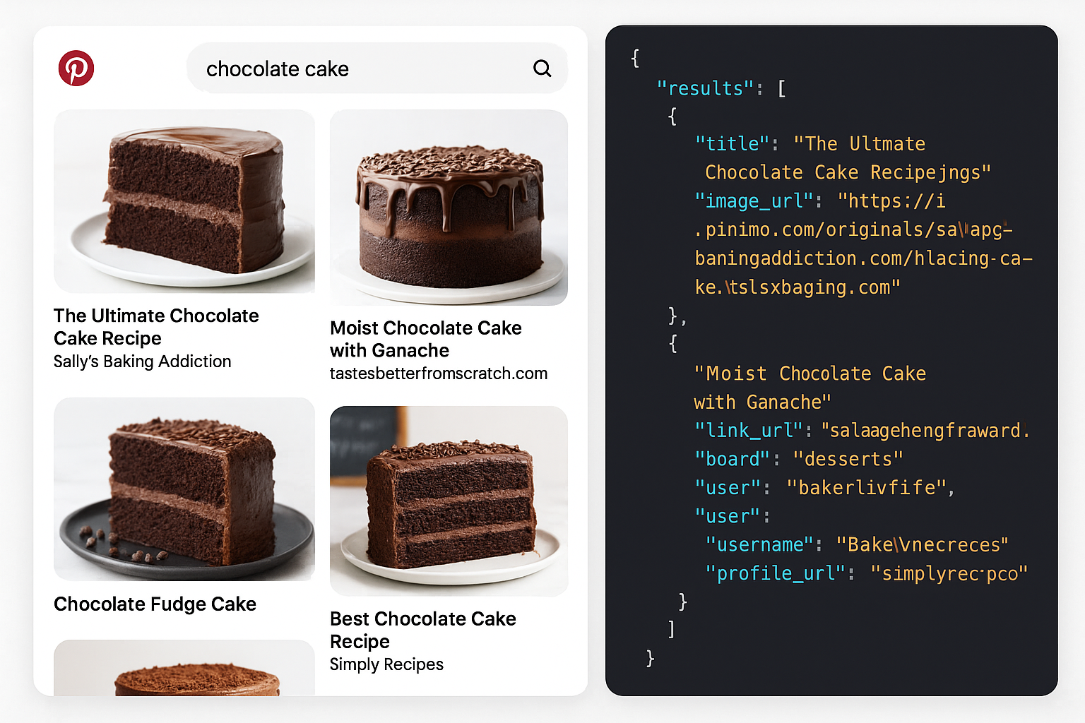 Image with pinterest search of chocolate cake on the left and the json representation on the right