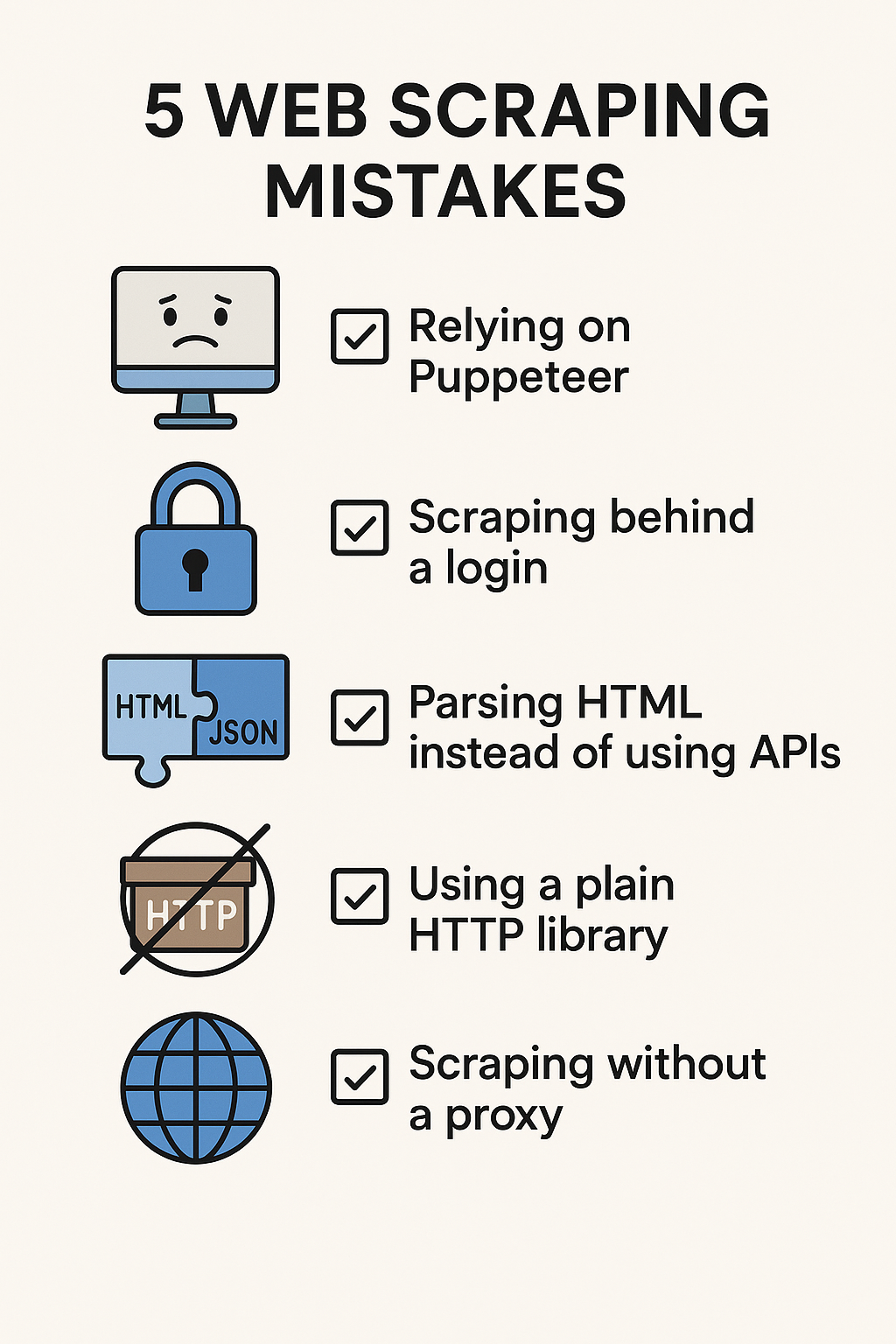 Infographic titled ‘5 Web Scraping Mistakes’ showing icons and checklist for common errors: relying on Puppeteer, scraping behind a login, parsing HTML instead of APIs, using a plain HTTP library, and scraping without a proxy