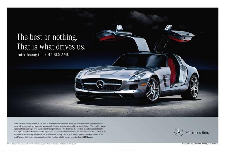 A silver 2011 Mercedes-Benz SLS AMG with gull-wing doors open, under a spotlight against a dark background. The tagline 'The best or nothing. That is what drives us.' is prominently displayed above, signifying Mercedes-Benz's commitment to excellence.