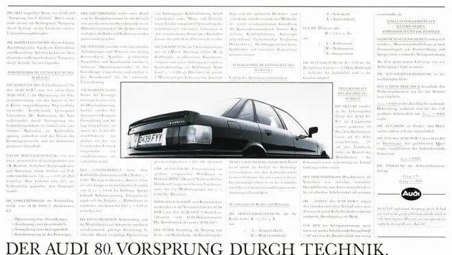 A classic Audi 80 in black, overlaid on a background of newspaper articles, with the prominent slogan 'Vorsprung durch Technik' at the bottom, conveying Audi's message of technological advancement and precision engineering.