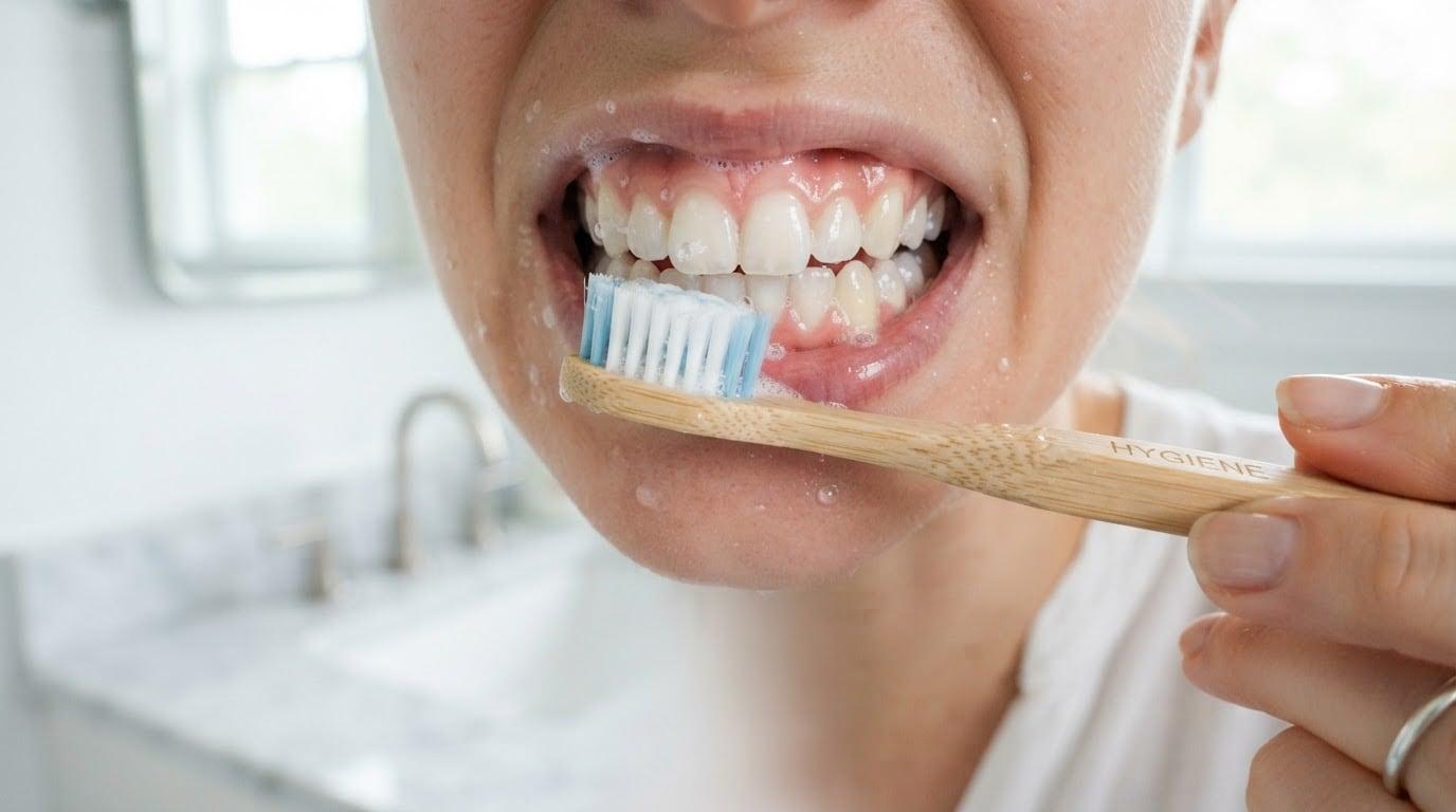 Close-up of a person brushing their teeth and gums with a bamboo toothbrush