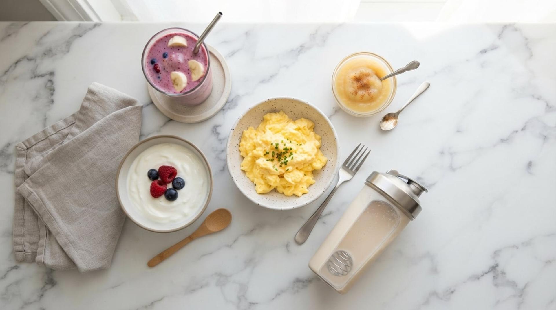 Soft foods for the first days after dental implant surgery: a smoothie, yogurt with berries, scrambled eggs and applesauce