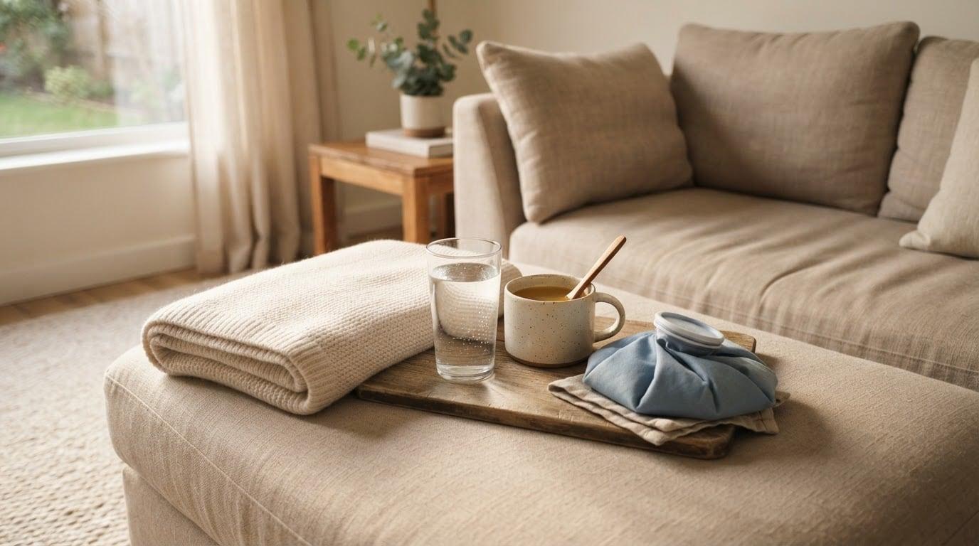 Couch set up for recovery at home with a blanket, a glass of water, a cup of tea and an ice pack