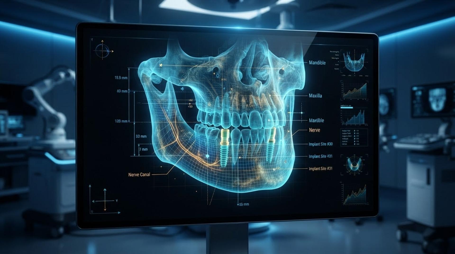 3D scan of a jaw on a monitor, marked up for planning a dental implant