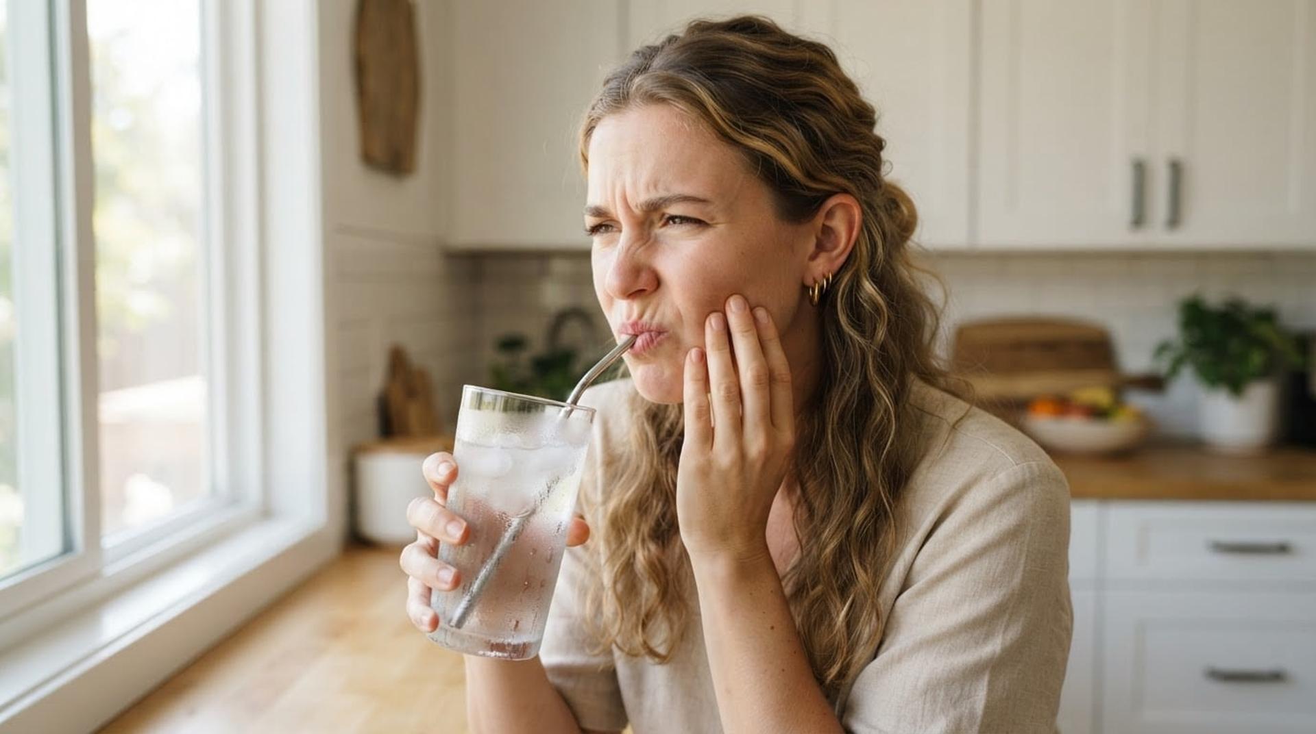 Woman holding her cheek while drinking a glass of ice water because of tooth sensitivity