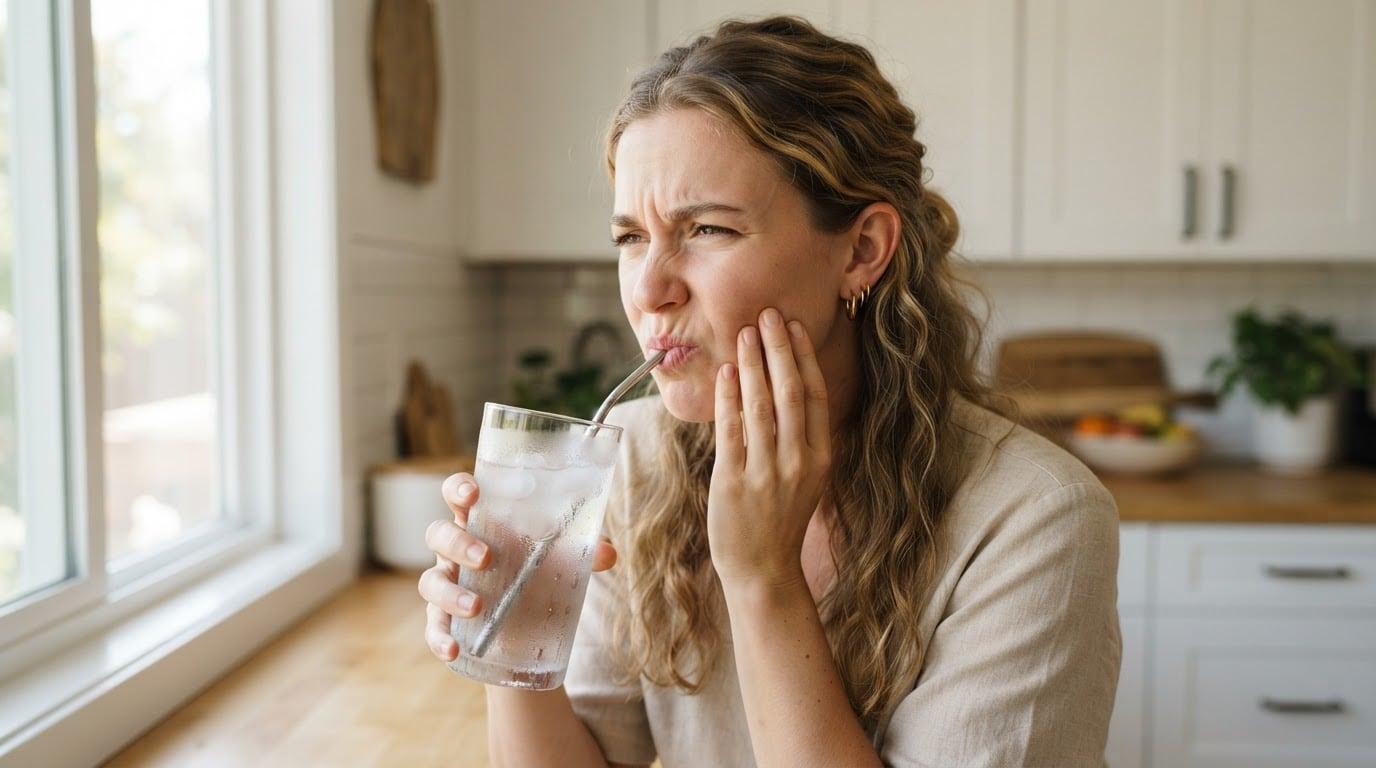 Woman holding her cheek while drinking a glass of ice water because of tooth sensitivity