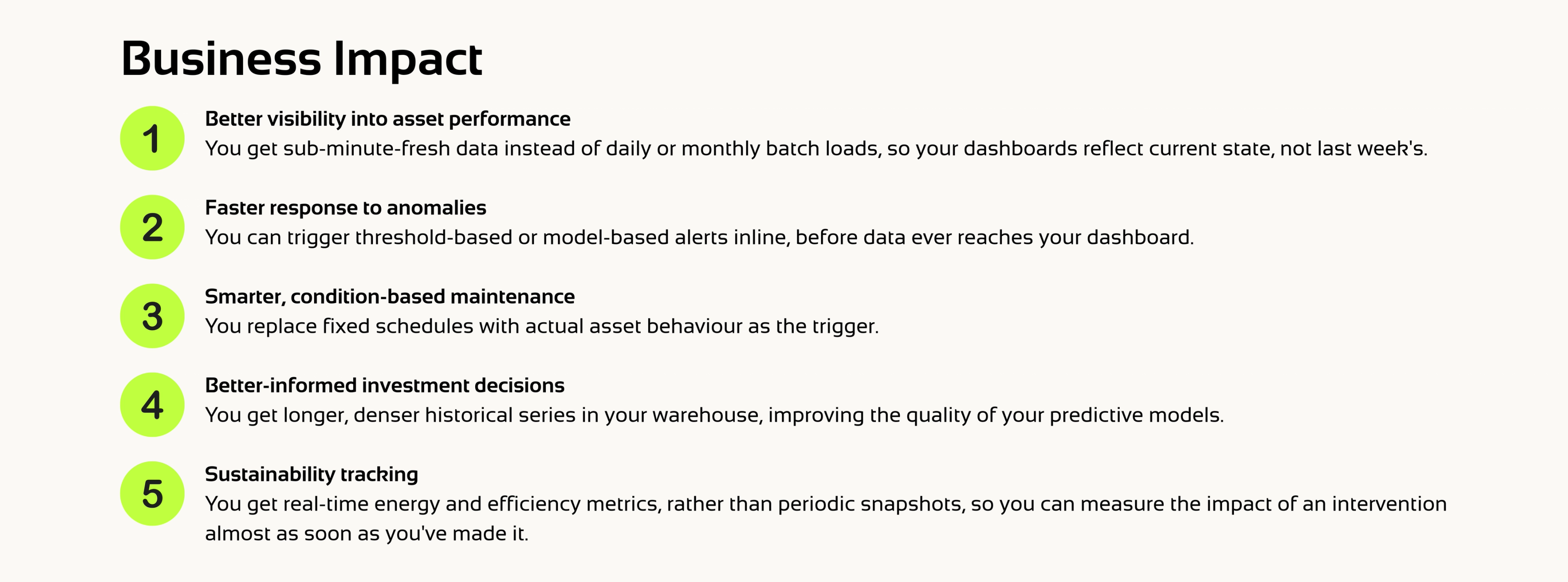 Five business benefits of real-time streaming data, from asset visibility to sustainability tracking.