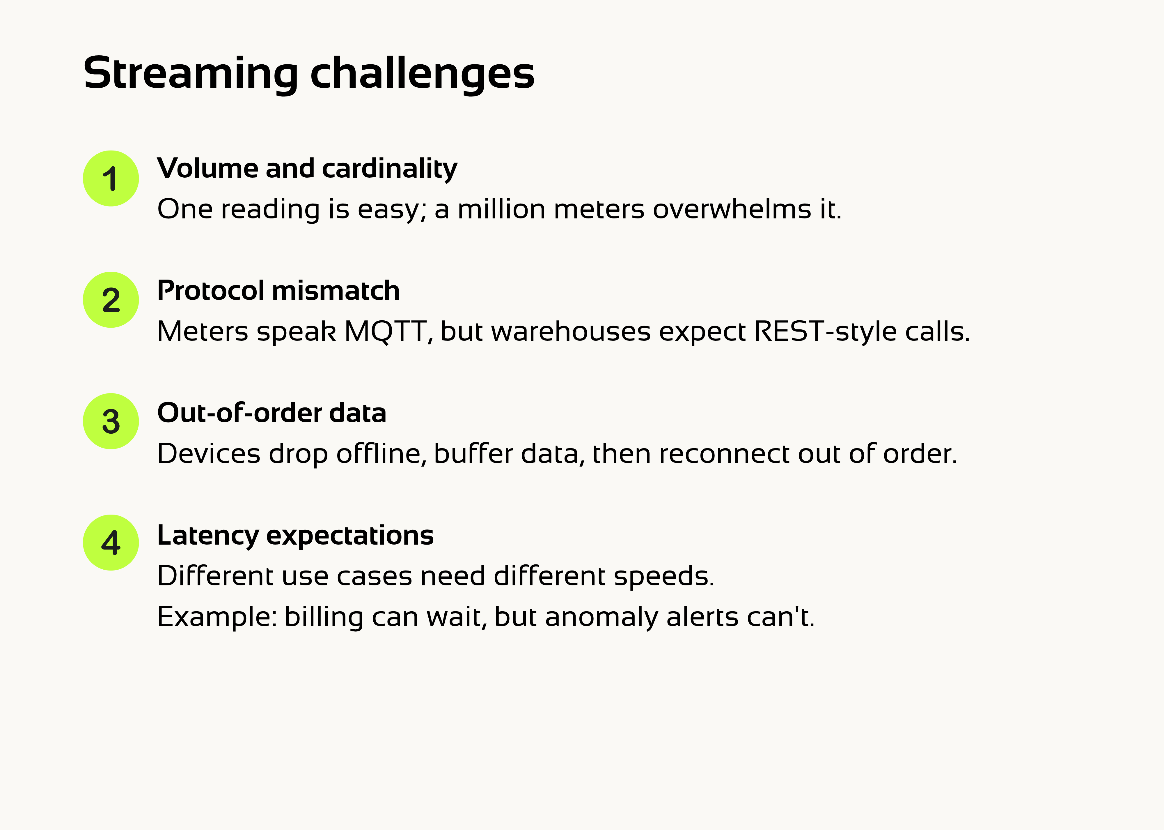 Four streaming data challenges: volume, protocol mismatch, out-of-order data and latency requirements.