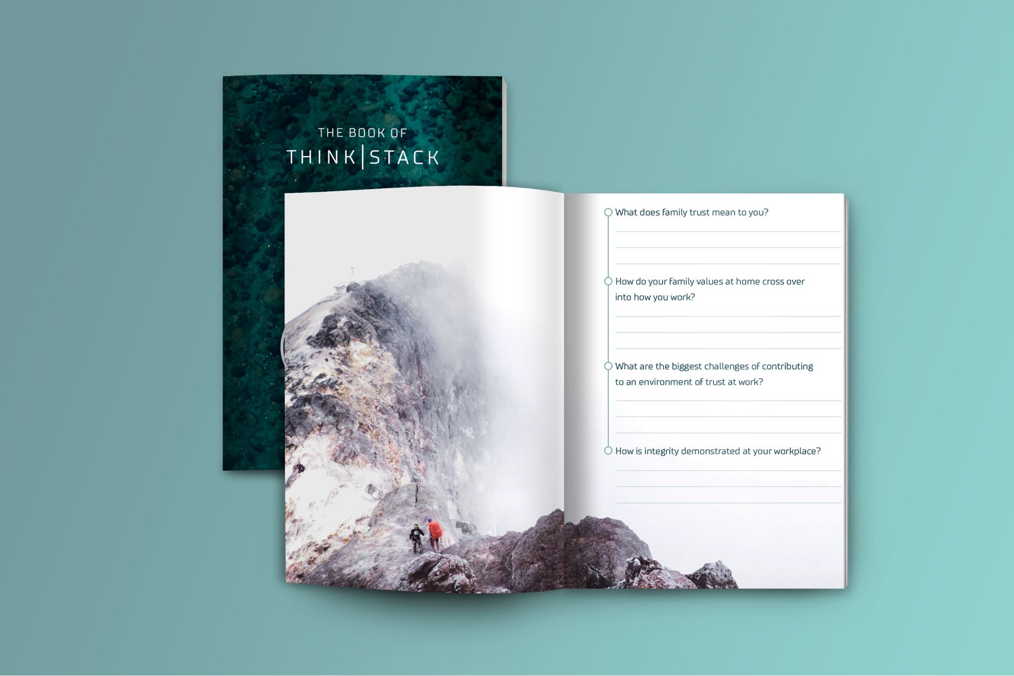 Think|Stack magazine mockup on light blue background