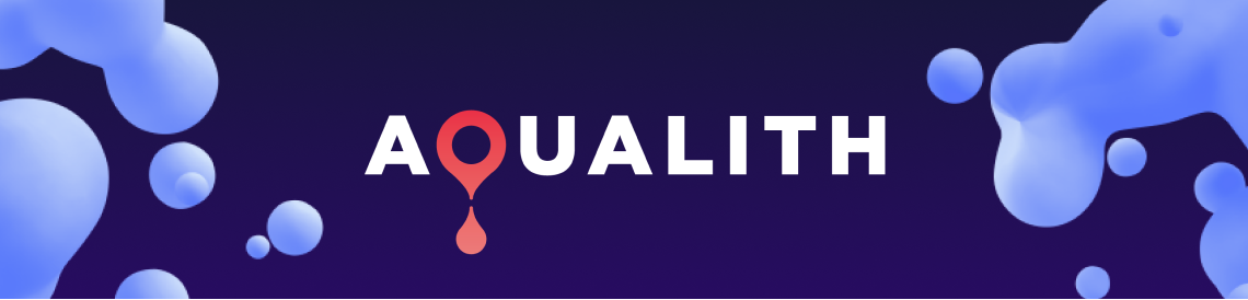 AquaLith logo with 3-D bubbles surrounding on indigo background