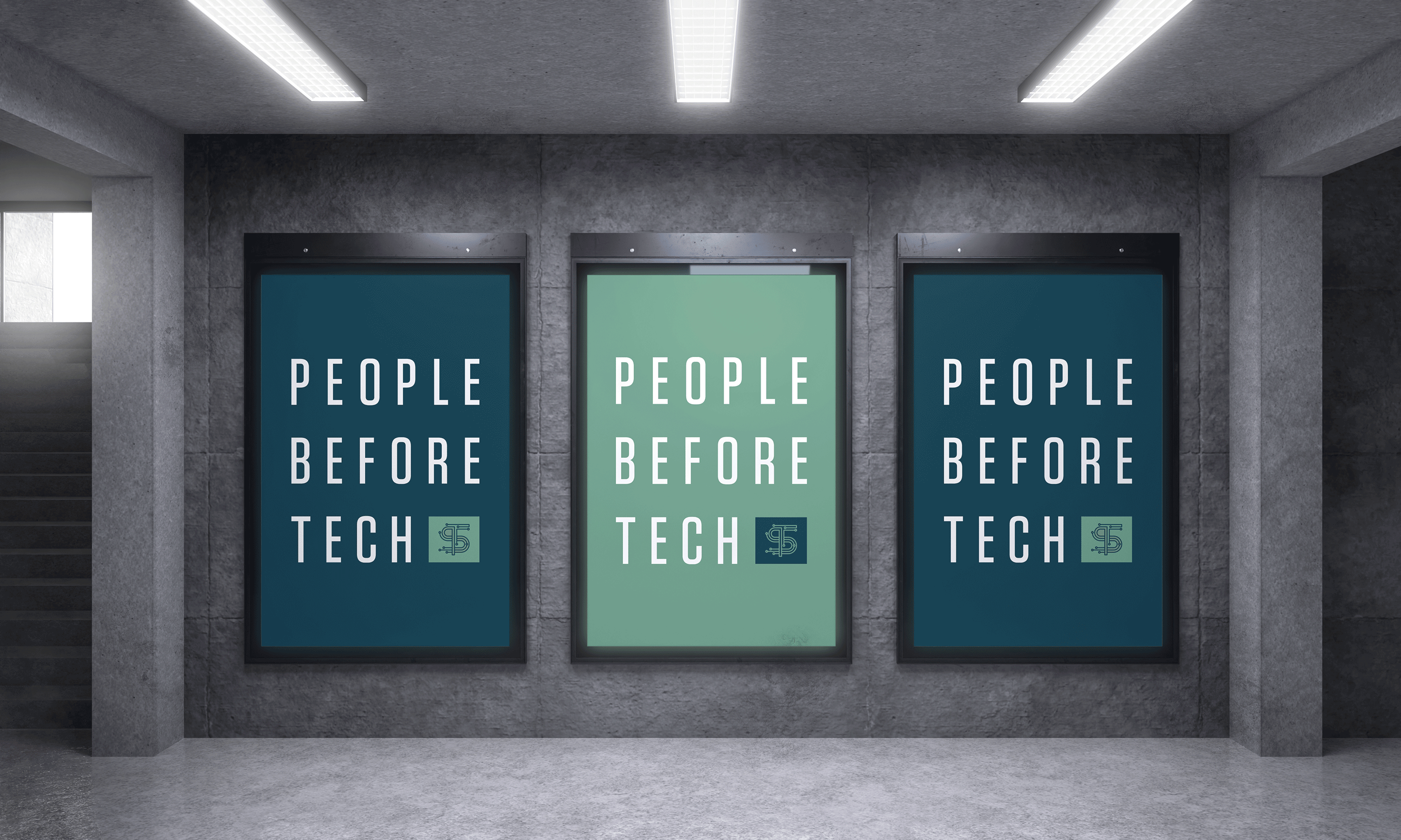 Two dark green and one light green "People Before Tech" posters