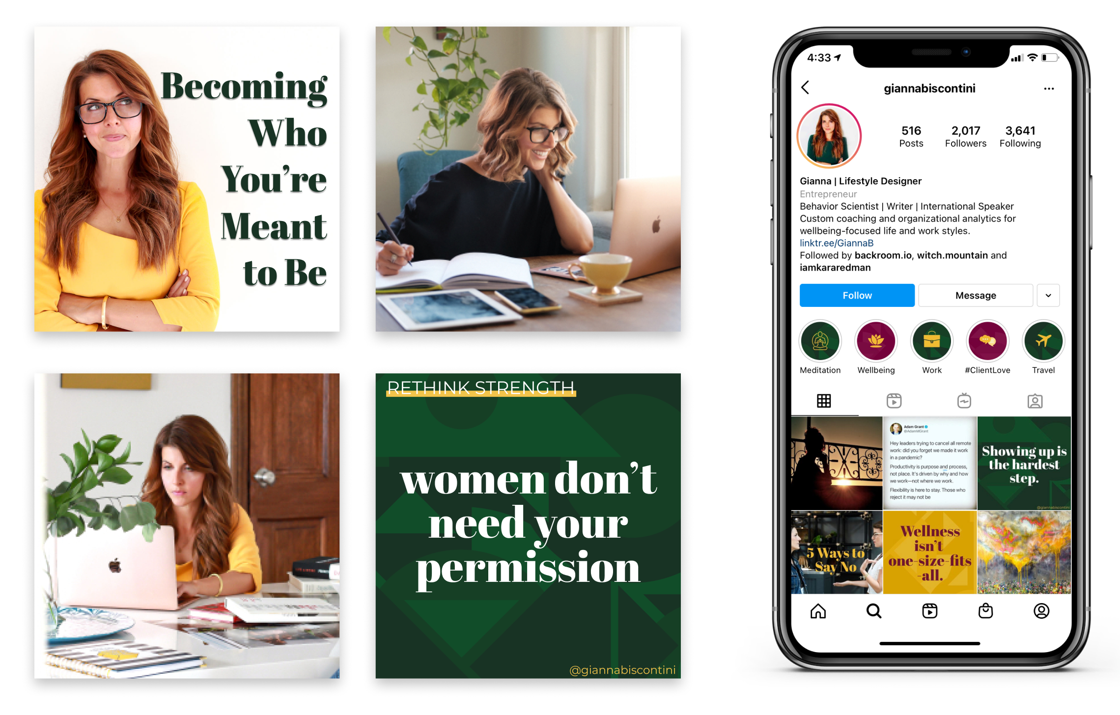 Social media examples - 4 Instagram posts and an iPhone mockup