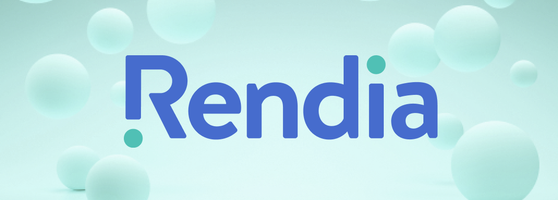 Turquoise bubbles behind a blue Rendia logo