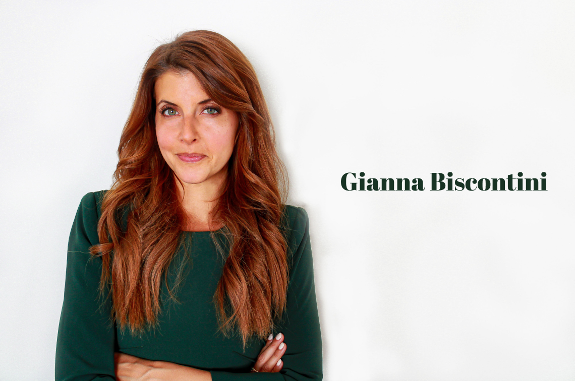 Woman in green dress with text "Gianna Biscontini" to the right