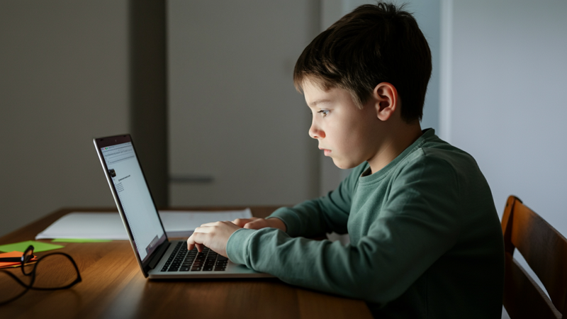 a 10-year old boy typing on a laptop with a worried expression on his face