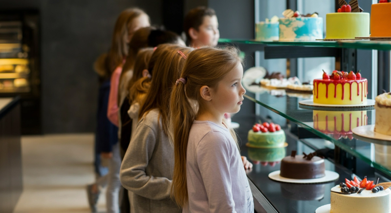 children waiting in line at a pastry shop for cake, looking longingly at the display