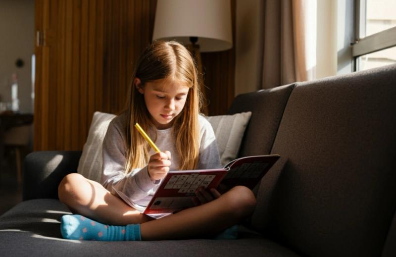 a girl relaxing on a couch and working on a puzzle book with a pencil in her hand
