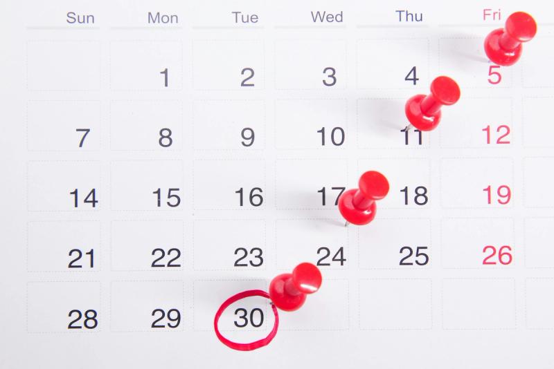 a 30 day calendar with the final date circled and red pushpins marking other key dates