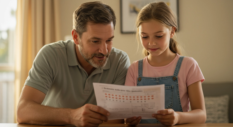 A man and young girl looking down together at a piece of paper that appears to have some scores on it. They are happy with the results.