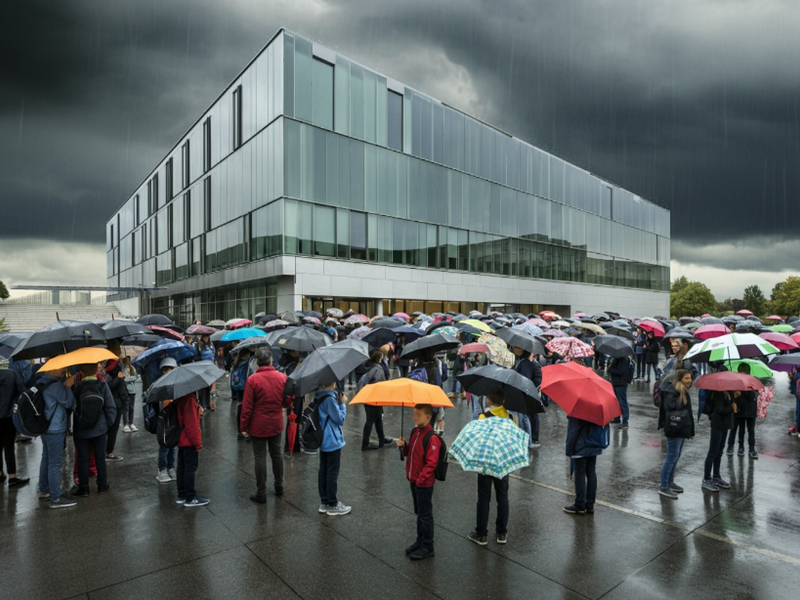 students queuing outside a building in the rain