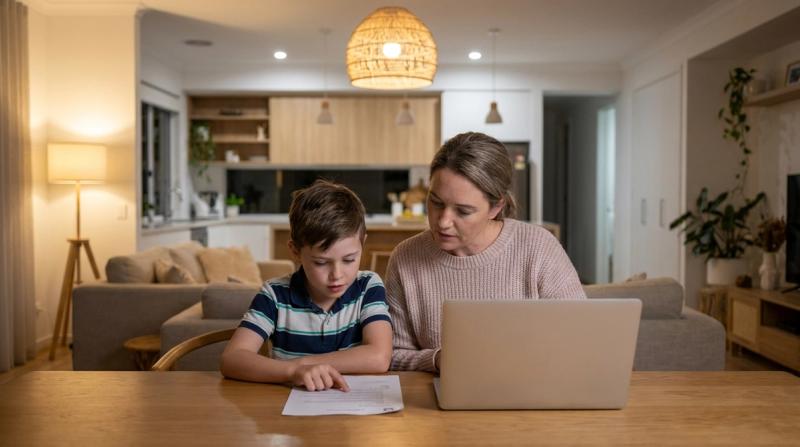 A parent and child sitting together at a table looking at a letter and a laptop