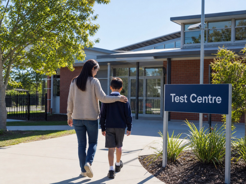 a mother and son walking to the test centre