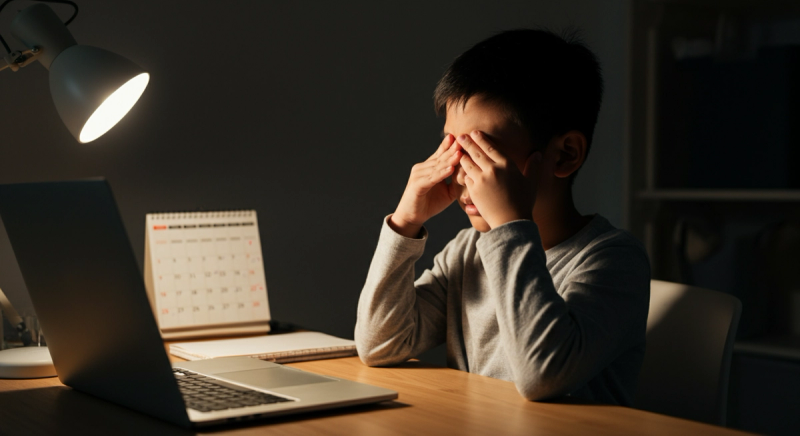 young boy sitting at a desk displaying signs of digital fatigue