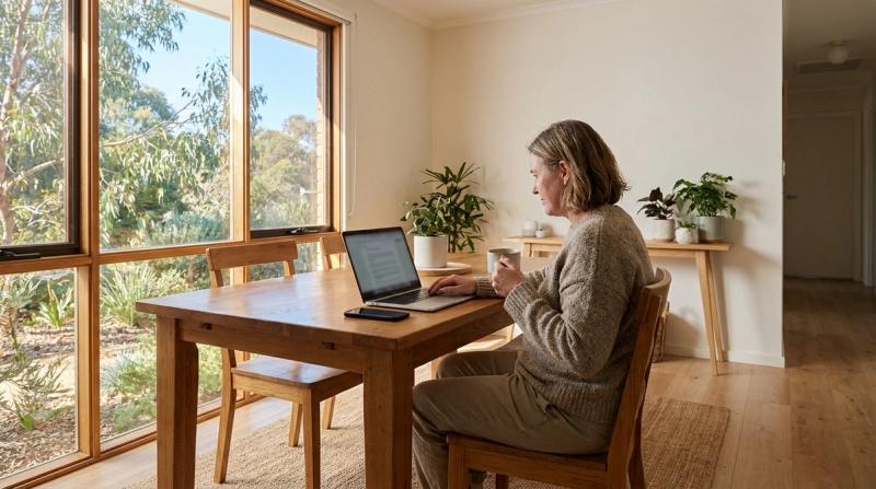 A parent checking a laptop at a sunlit dining table, waiting for placement results