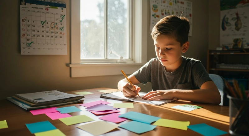 a young boy working with a notebook and a series of post it notes with a calendar in the background.