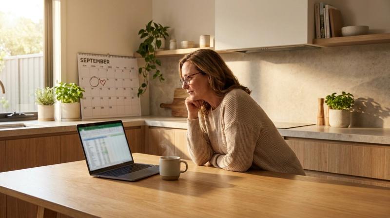 A parent at a kitchen table looking at a calendar with a laptop open beside a mug of tea