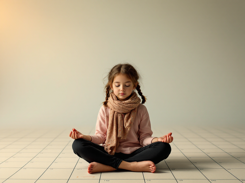 a 11 year old girl child sitting on a large calendar grid and meditating.